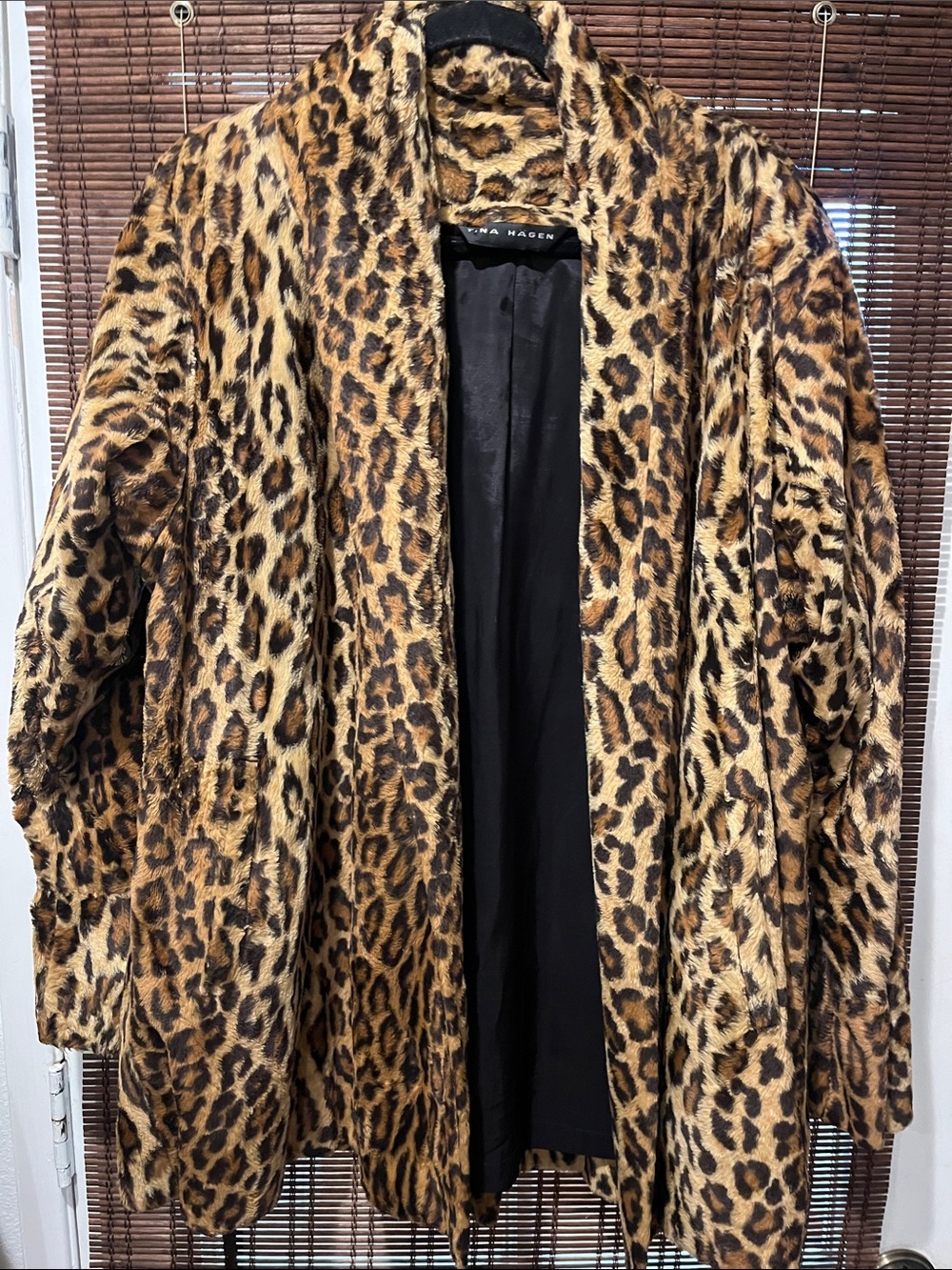VINTAGE TinaHagen Leopard-Print Faux Fur Open-Front duster coat in Brown and Bla